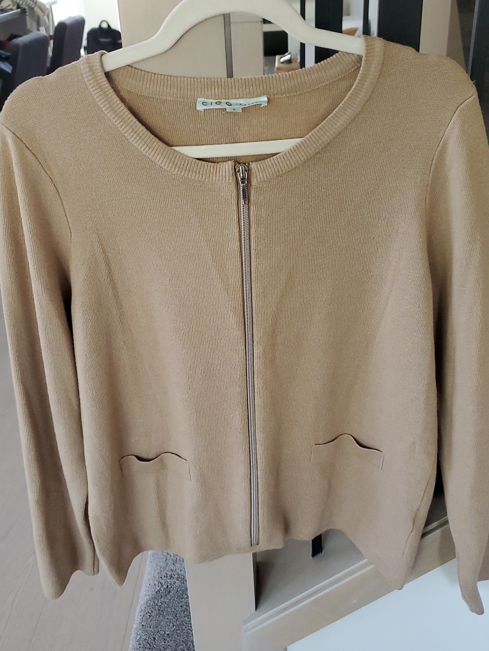 CLEO-Petite Camel Zip Up Cardigan Sz.L Super Soft Rayon/Poly